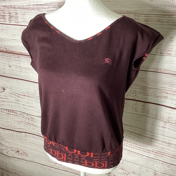 Burberry Maroon V-Neck Bubble Hem Shirt - Picture 1 of 5